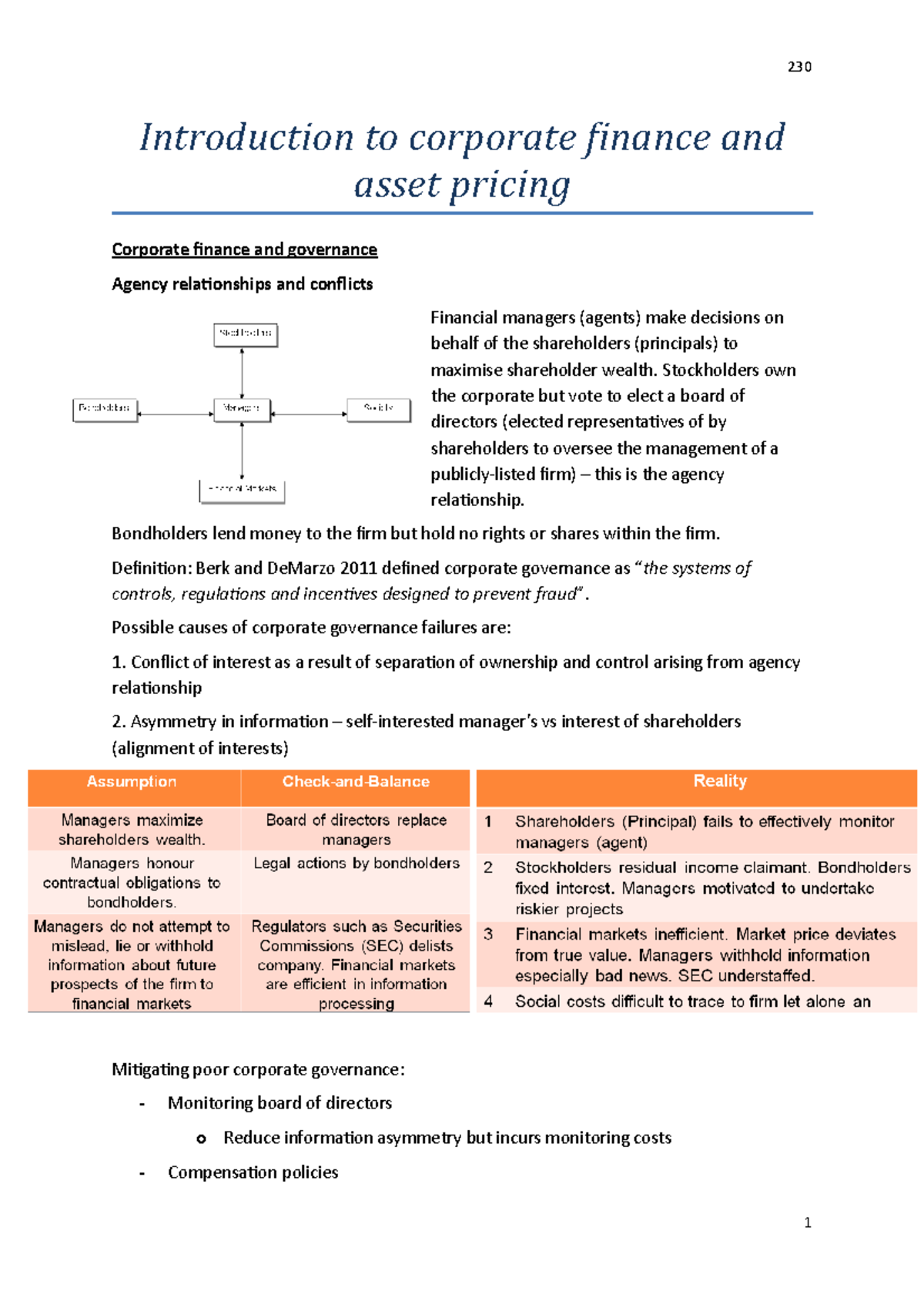 Introduction To Corporate Finance and Asset Pricing - Lecture notes ...