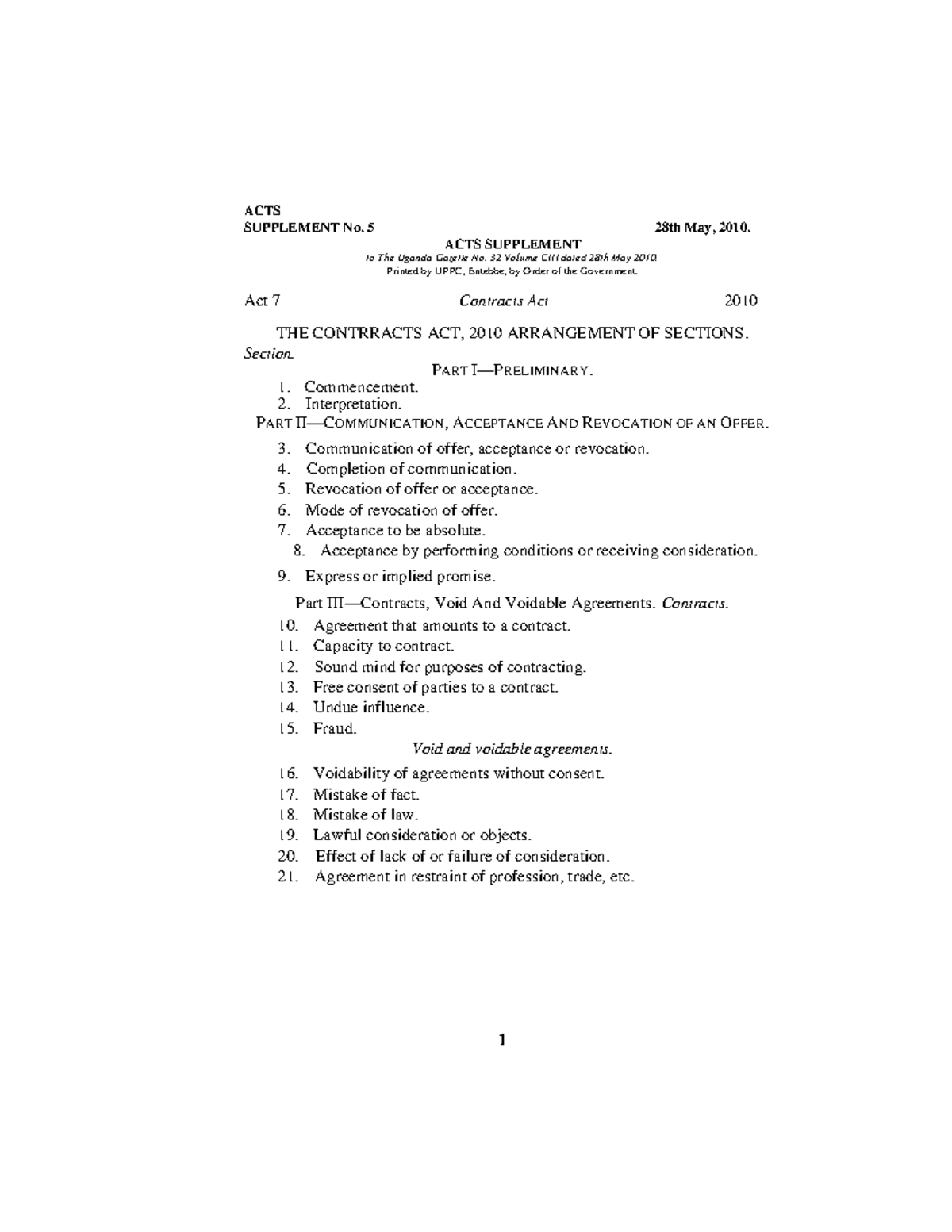 Contracts Act, 2010 - Notes - ACTS SUPPLEMENT No. 5 28th May, 2010 ...