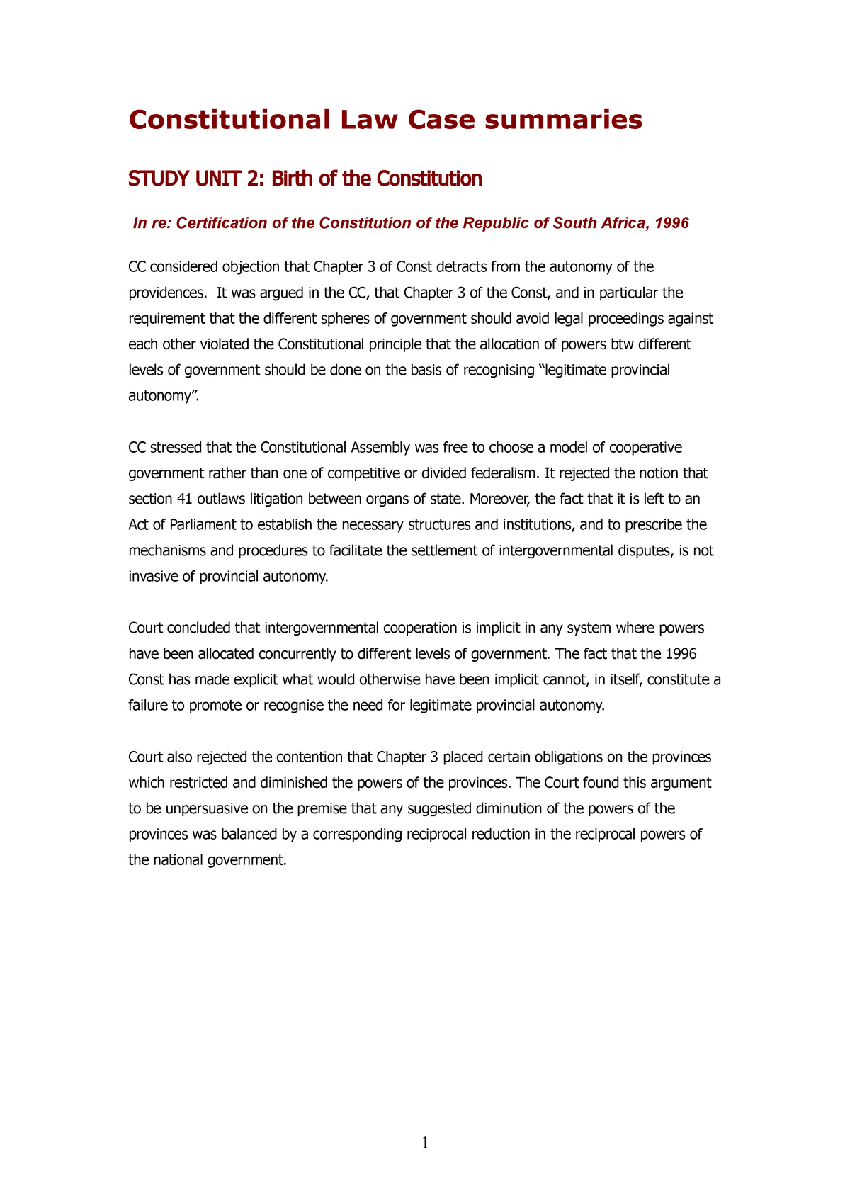 CSL 2601 CASE Summaries 1 1 - Constitutional Law Case Summaries STUDY ...