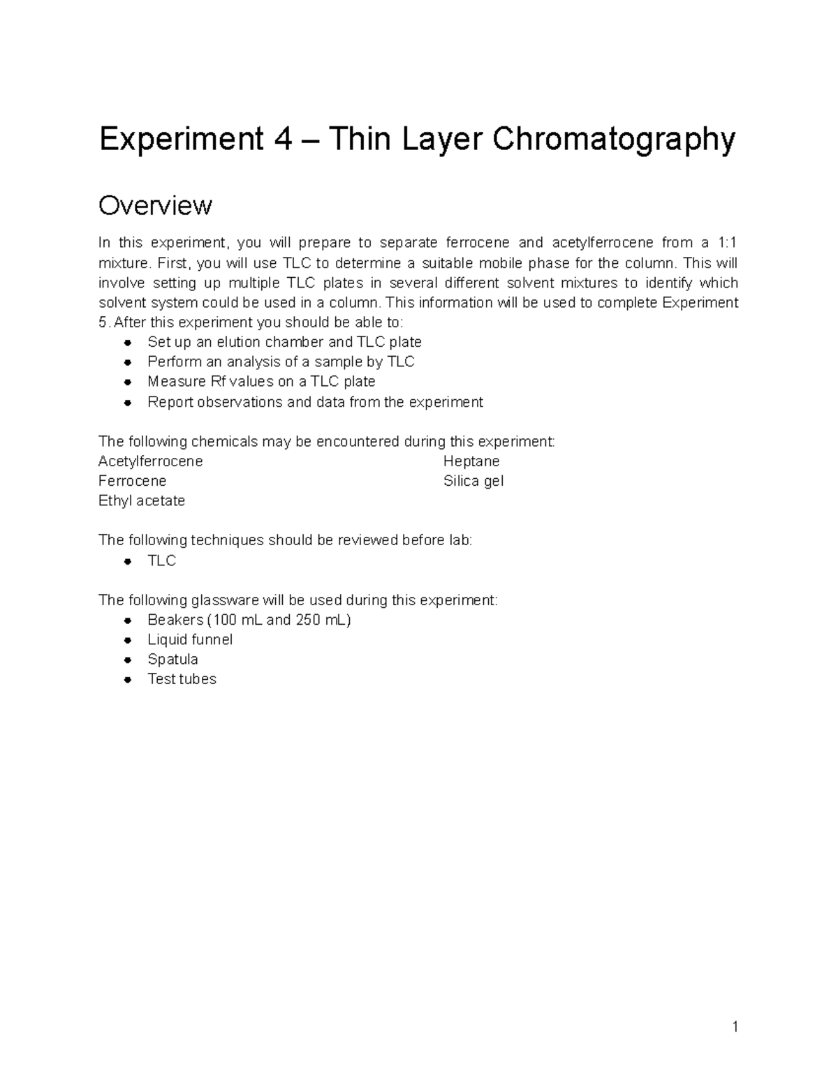 Chem 301 Exp 4 Thin Layer Chromatography PreLab Experiment 4 Thin Layer Chromatography