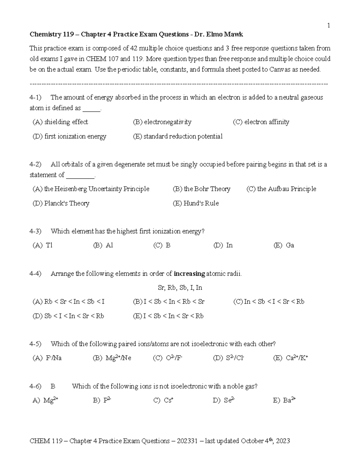 Chapter 4 Practice Exam Questions-1 - Chemistry 119 – Chapter 4 ...