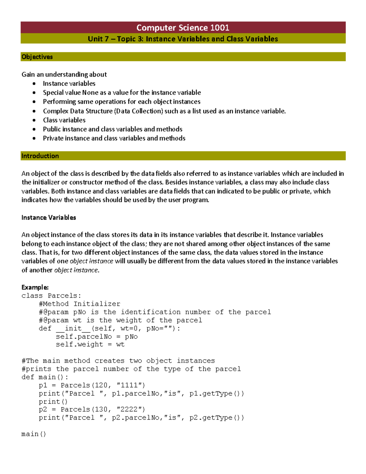 Topic 3 - Computer Science 1001 Unit 7 – Topic 3: Instance Variables ...