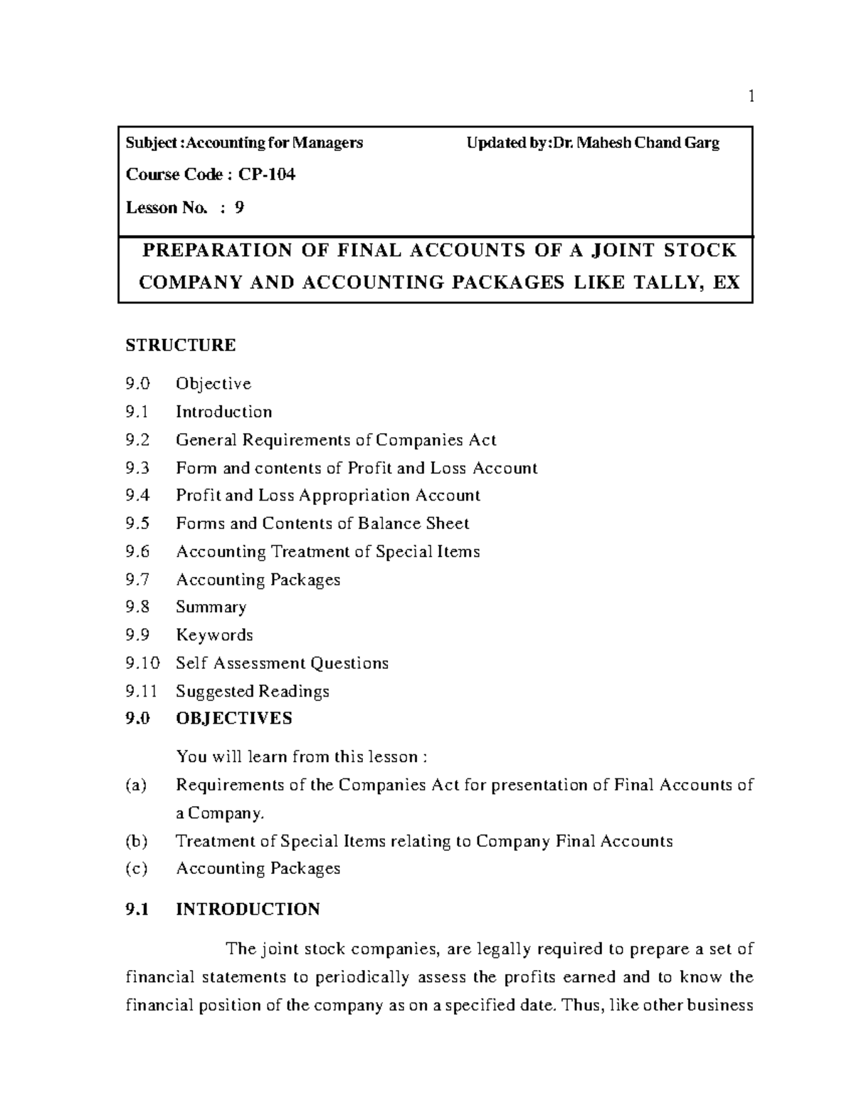 PREPARATION OF FINAL ACCOUNTS OF A JOINT STOCK COMPANY AND ACCOUNTING