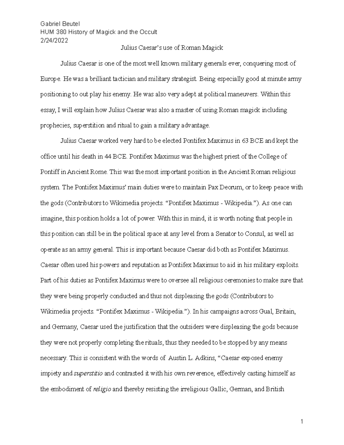 Hum 380 Essay #1 - HUM 380 History of Magick and the Occult 2/24 ...