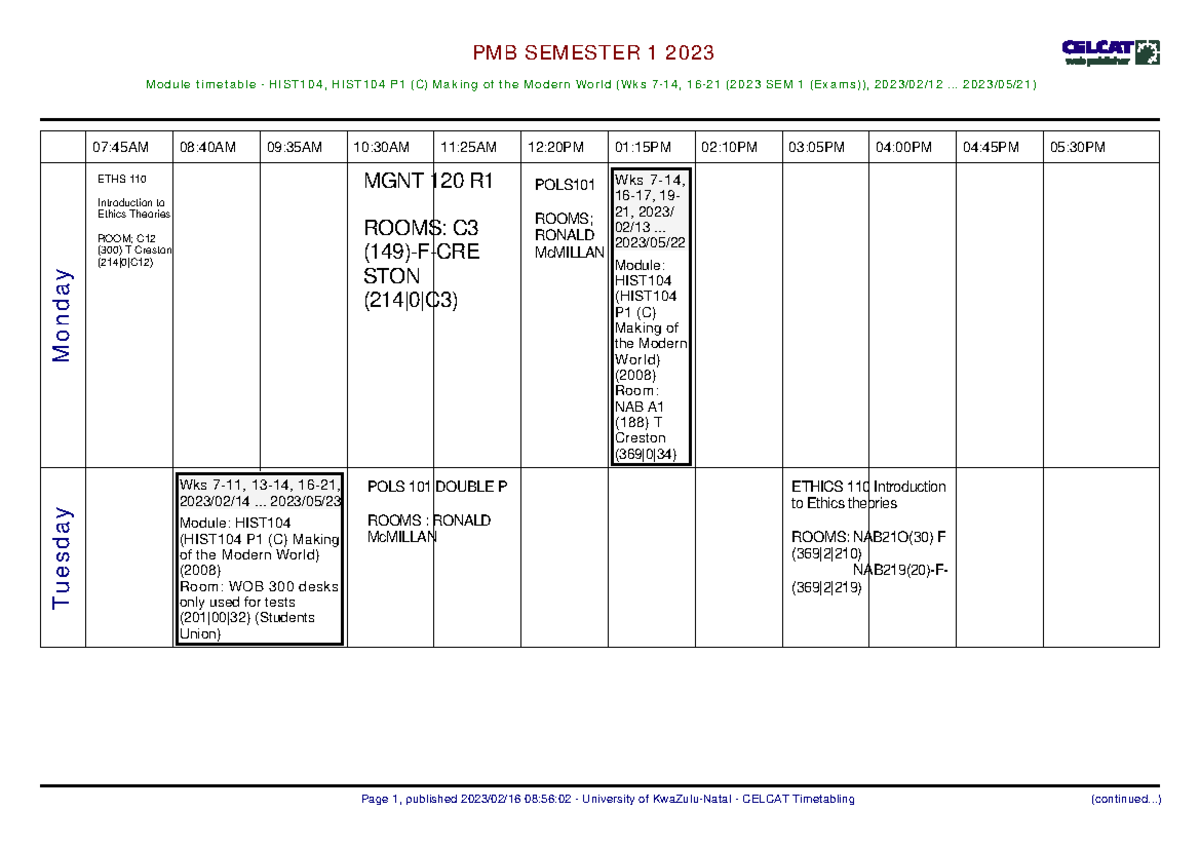 MY Timetable - IT HELPS A LOT - PMB SEMESTER 1 2023 M odule tim e ta ...