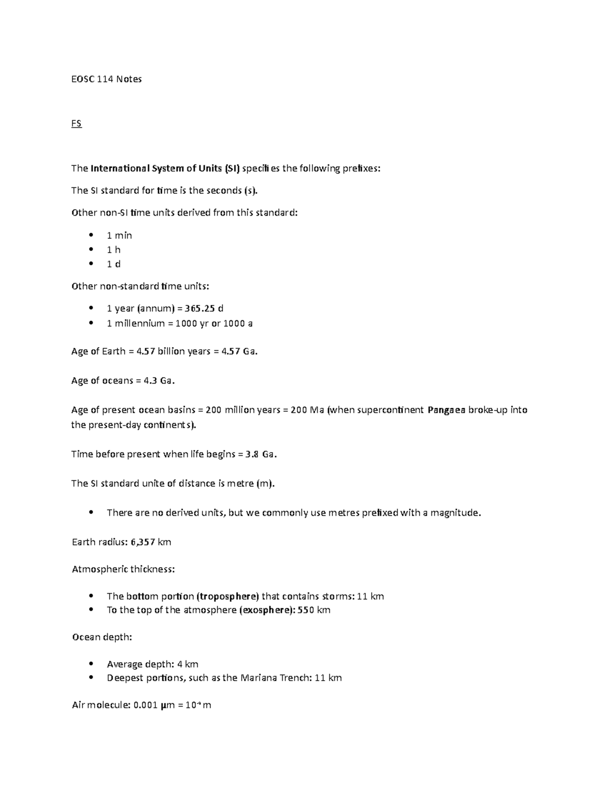 EOSC 114 Notes - EOSC 114 Notes FS The International System of Units ...