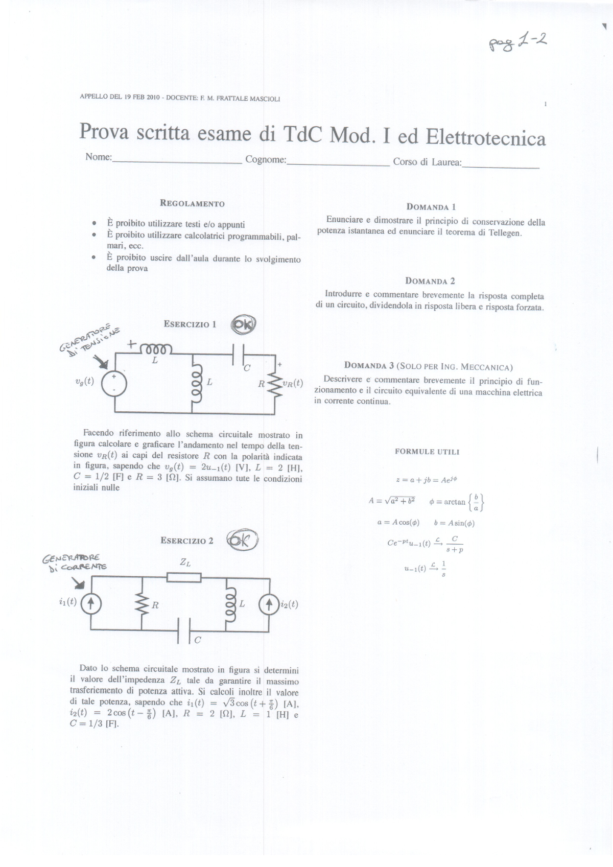 Prove D Esame Dal Al Domande E Soluzioni Esame Di Teoria Dei Circuiti I Ed