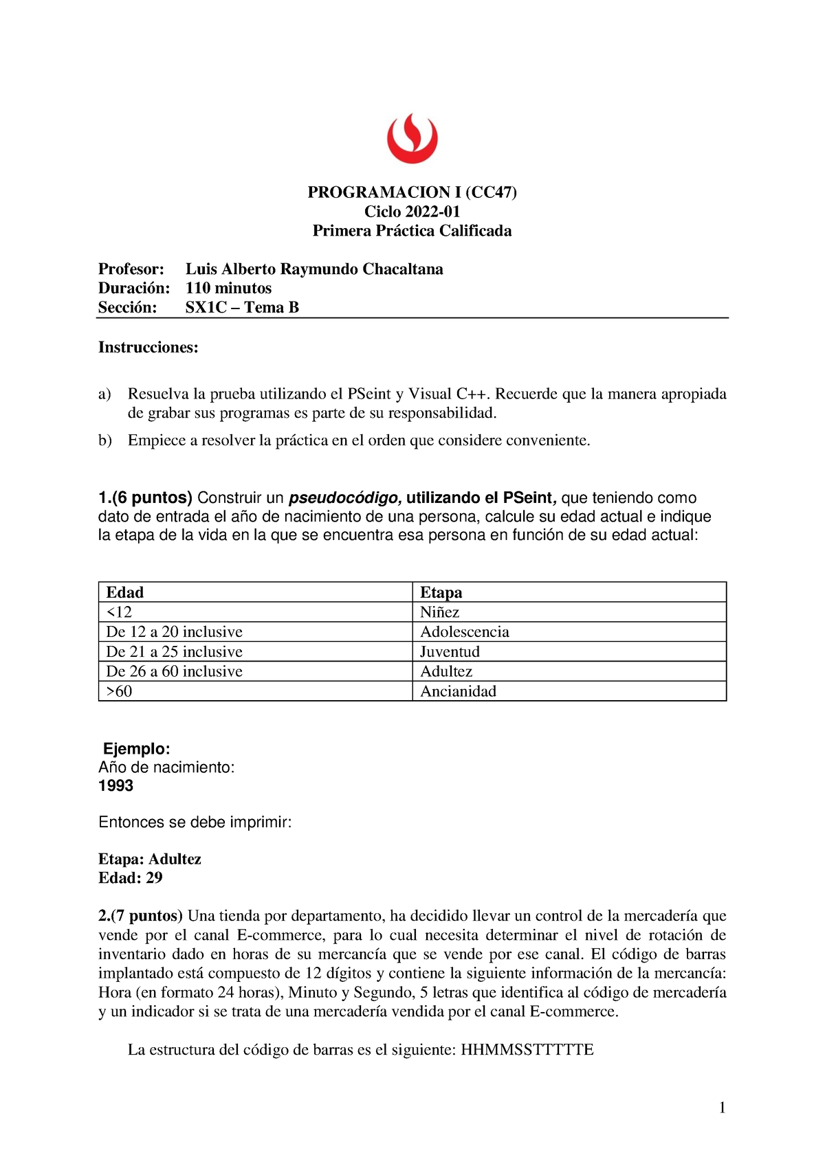 SX1C TEMA B - Sfsf - 1 PROGRAMACION I (CC47) Ciclo 2022- Primera ...