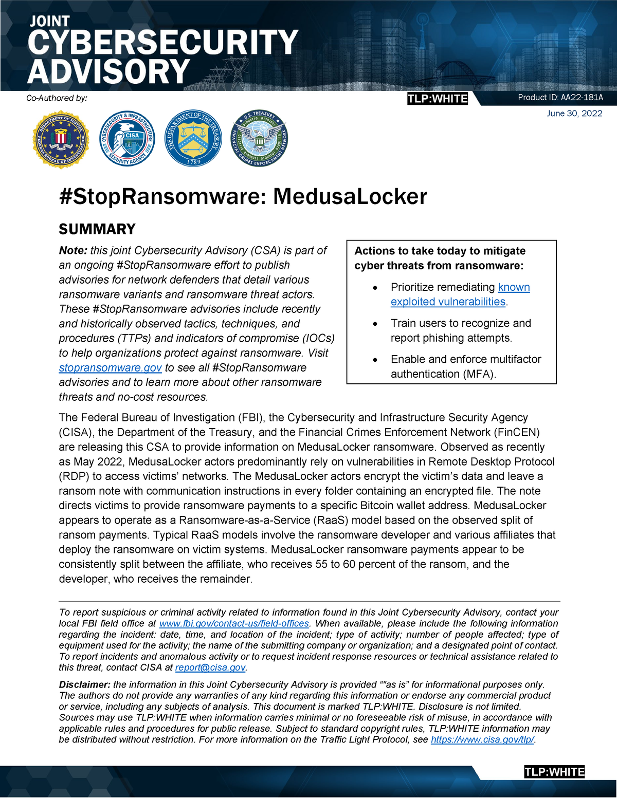 AA22-181A stopransomware medusalocker - To report suspicious or ...