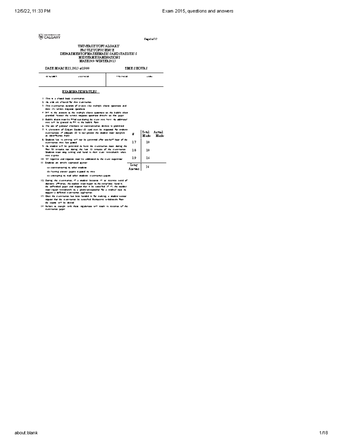 Exam 2015 questions and answers - Page1of UNIVERSITY OF CALGARY FACULTY ...