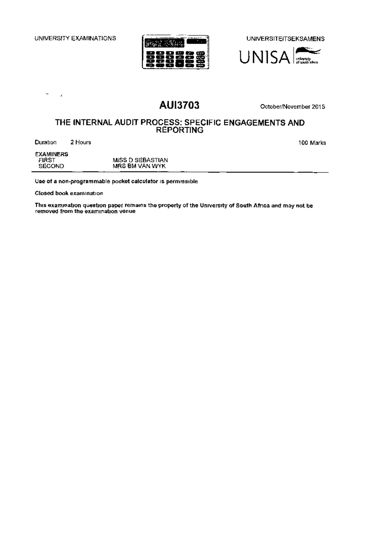 AUI3703 2015 10 E 1 - UNIVERSITY EXAMINATIONS UNIVERSITEITSEKSAMENS E ...