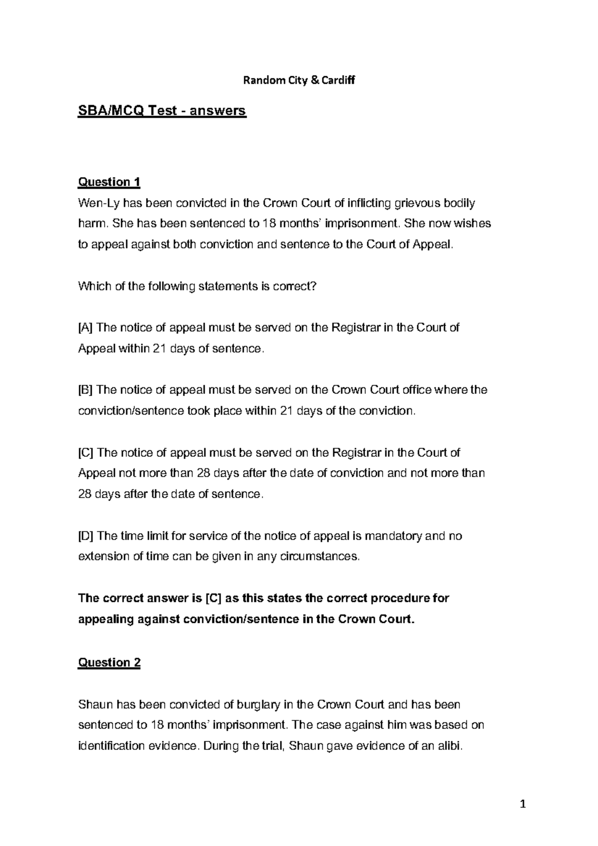 past year City & Cardiff - Random City & Cardiff SBA/MCQ Test - answers ...