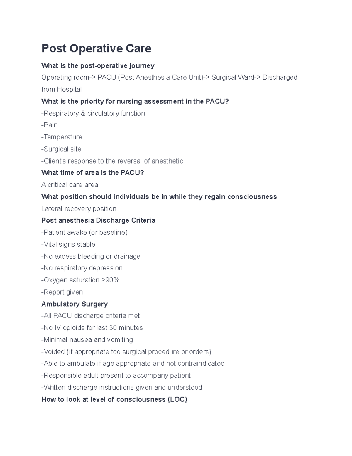 Post Operative Care - Maternal And Child Health Nursing - Post ...