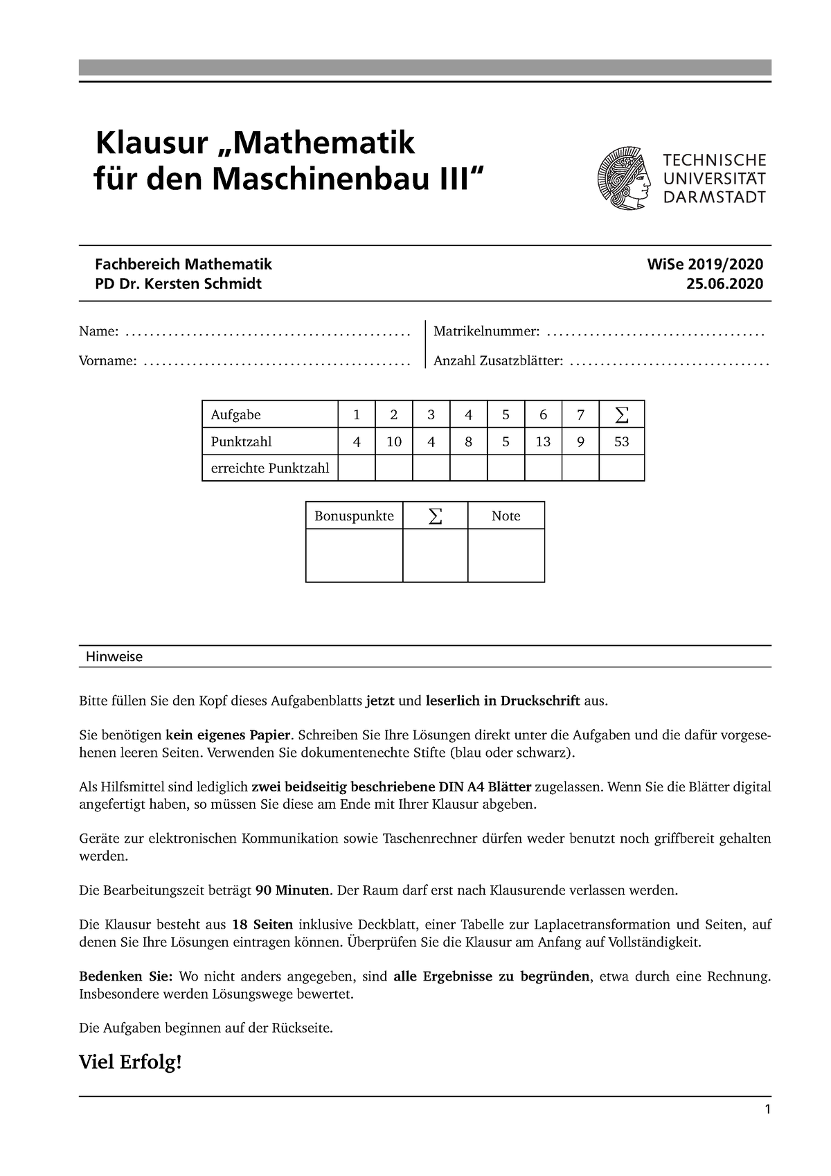 Mathe 3 Klausur WiSe 19/29 Mit Lösungen - Mathematik III (für ...