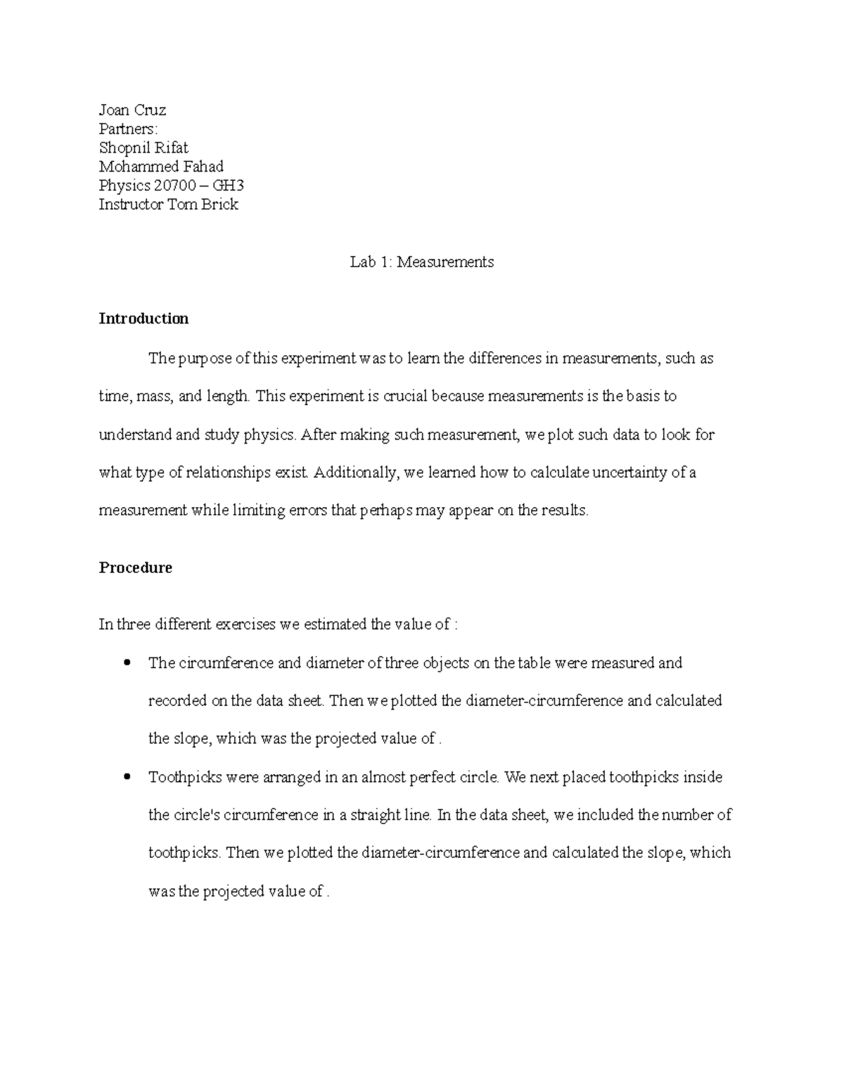 Lab 1- Measurements Report - Joan Cruz Partners: Shopnil Rifat Mohammed ...