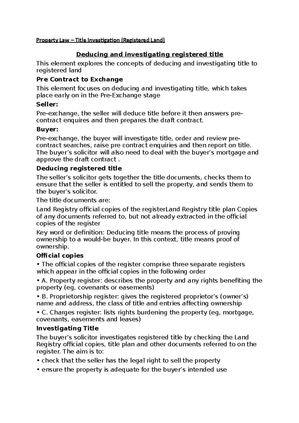 Property Law - Title Investigation (Registered Land) - Property Law ...