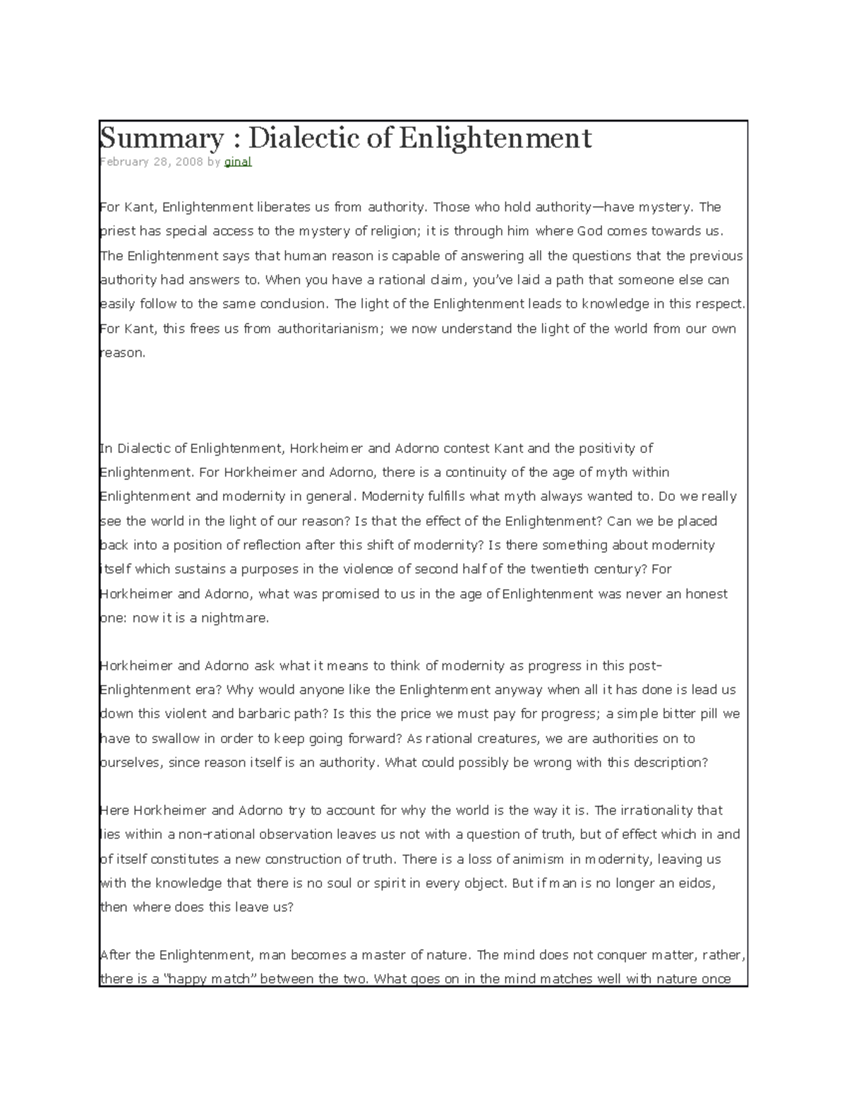 Summary Dialectic of Enlightenment 1 Summary Dialectic of
