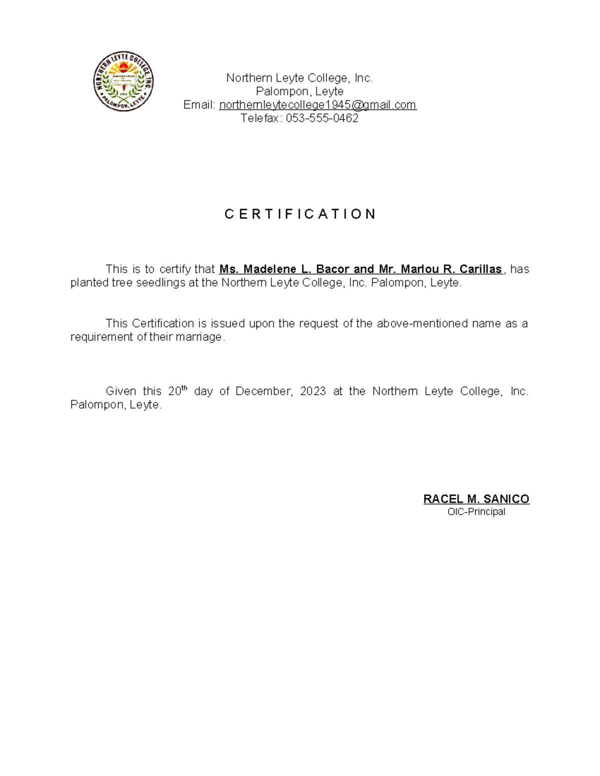 Certification OF Marriage - Northern Leyte College, Inc. Palompon ...