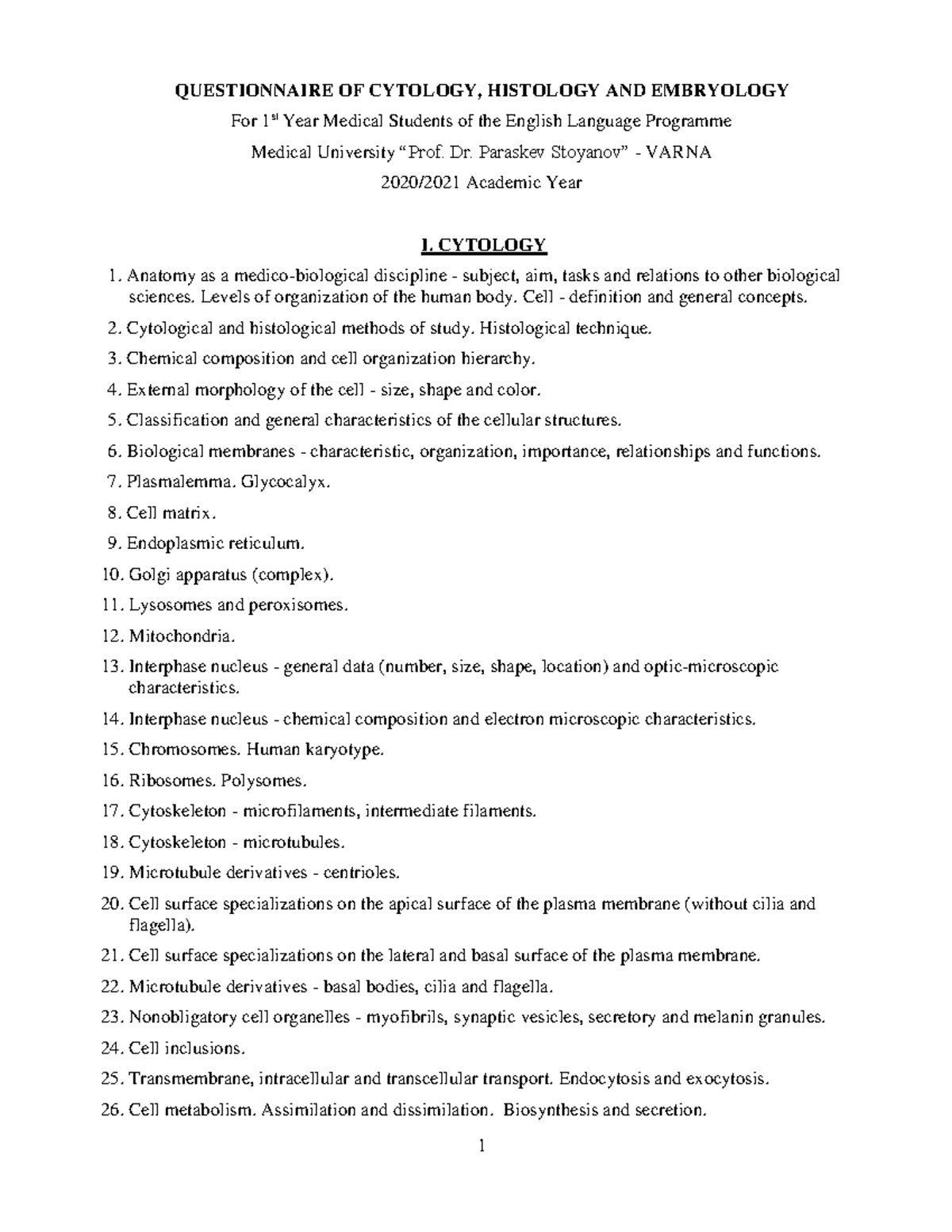 1-Cytology-M-EN Questionnaire 2020-21 - QUESTIONNAIRE OF CYTOLOGY ...
