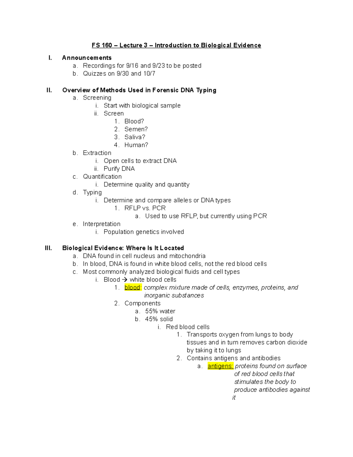 FS 160 - Lecture 3 - Introduction to Biological Evidence ...