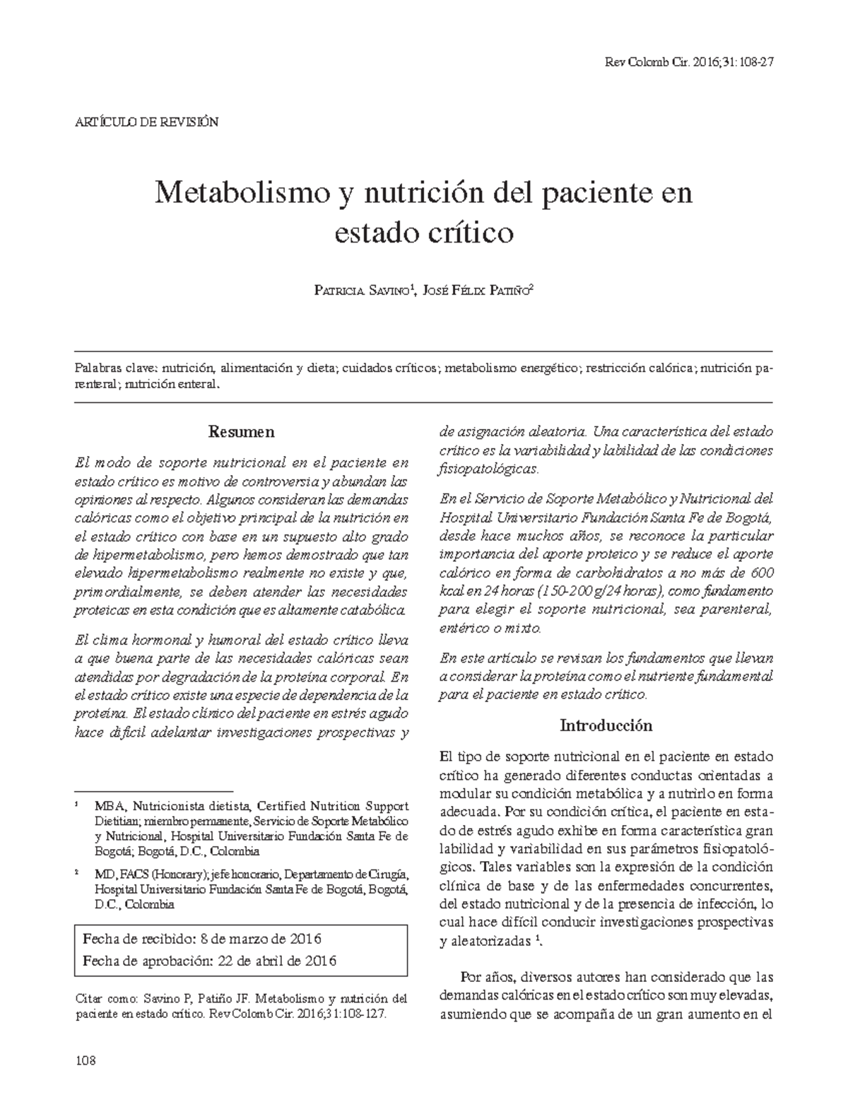Soporte nutricional en un paciente critico ARTÍCULO DE REVISIÓN Soporte nutricional en un paciente critico ARTÍCULO DE REVISIÓN