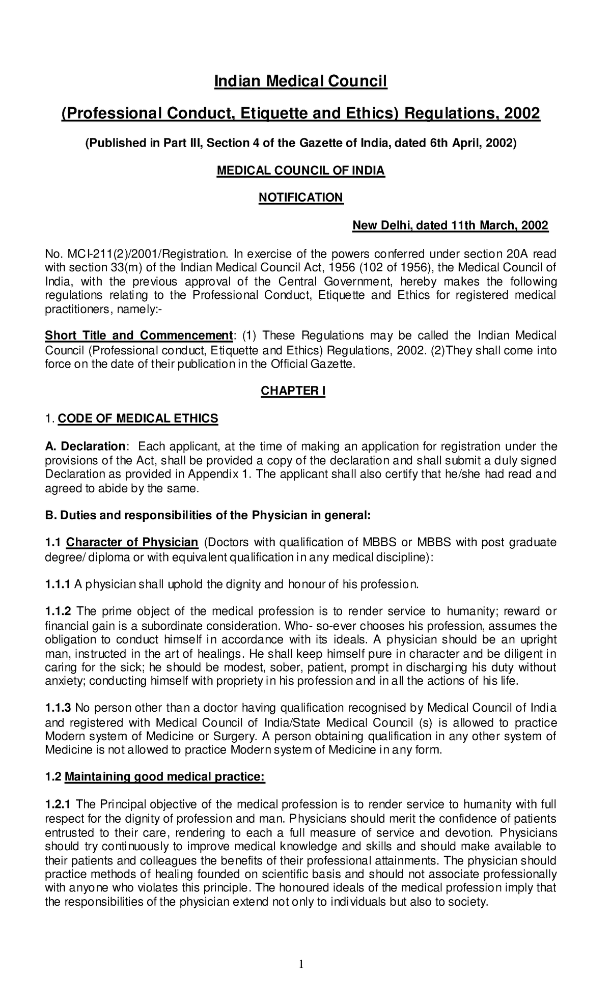 Code of Medical Ethics Regulations Indian Medical Council (Professional Conduct, Etiquette and