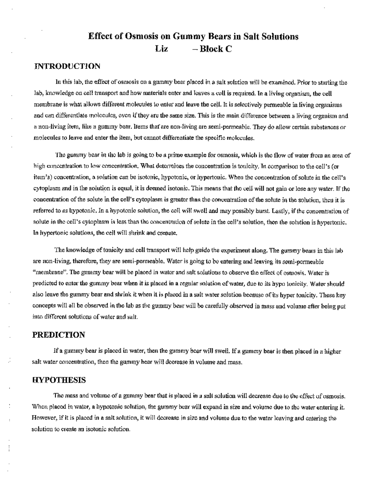 Osmosis experiment with gummy bears 1011 Studocu