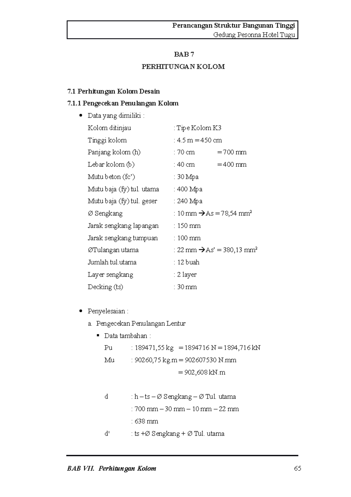 BAB 7 - Perhitungan Kolom (PGT) 65-77 - Gedung Pesonna Hotel Tugu BAB 7 ...