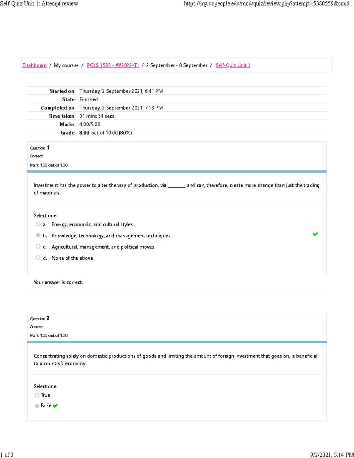 Quiz 1 - Self Quiz - Started on Thursday, 2 September 2021, 6:41 PM ...