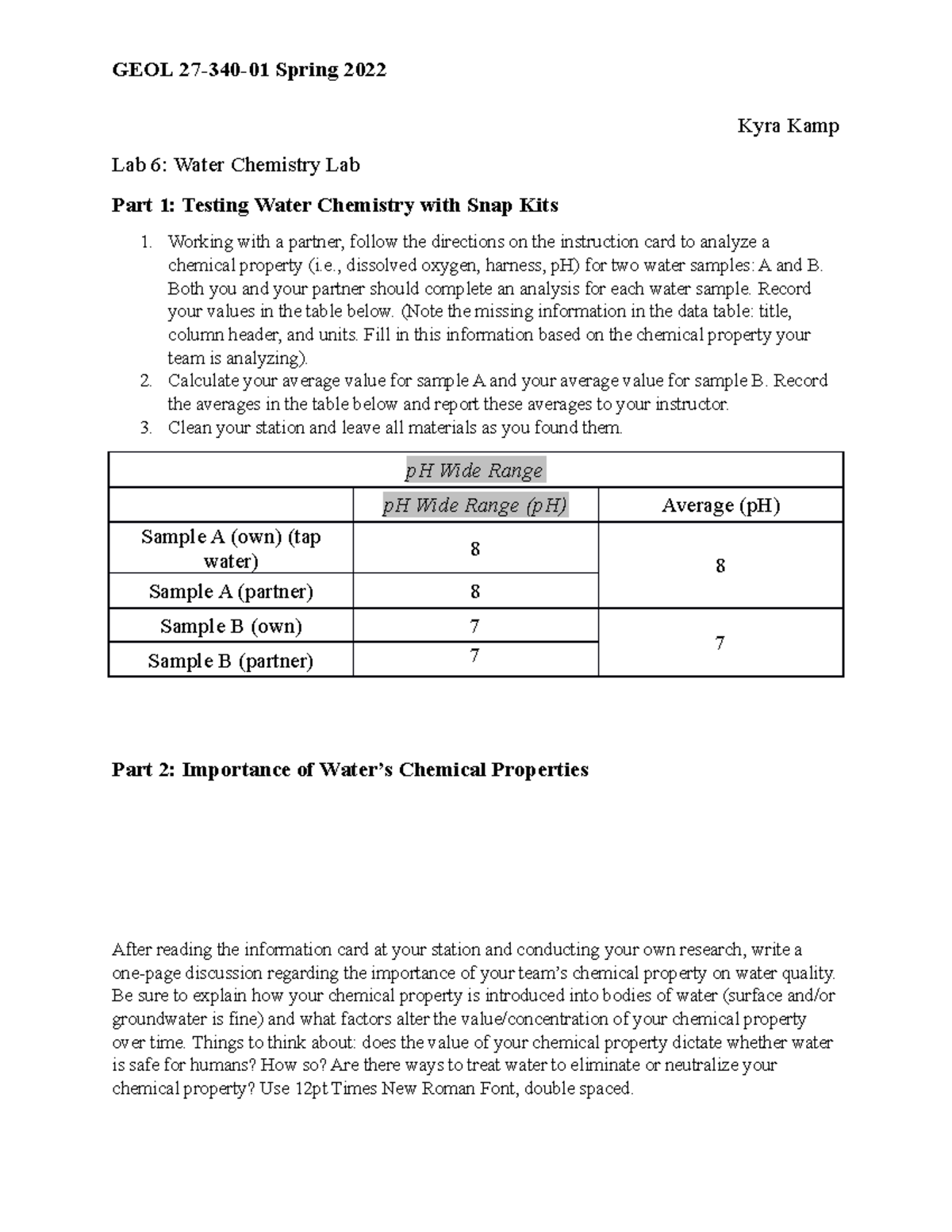 Lab Manual Water Chemistry - GEOL 27-340-01 Spring 2022 Kyra Kamp Lab 6 ...