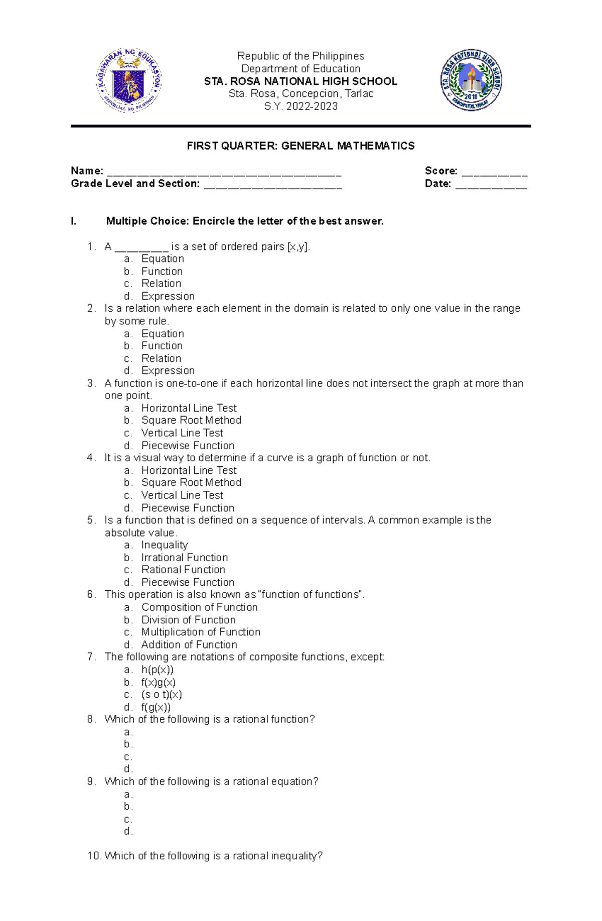 Genmath exam - n/a - Republic of the Philippines Department of ...