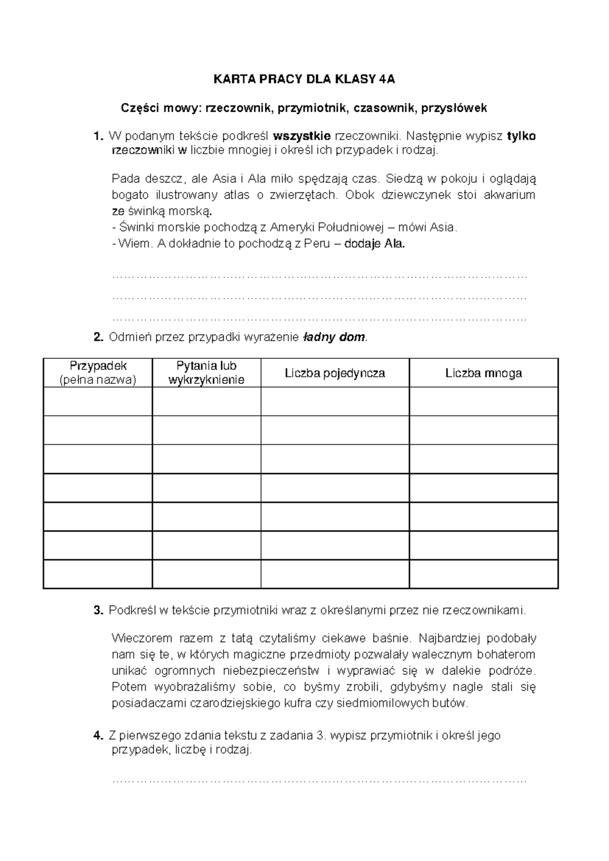 4A język polski Karta pracy części mowy - KARTA PRACY DLA KLASY 4A
