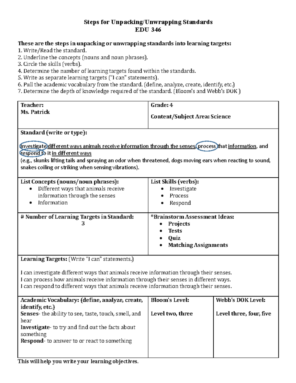 Science- Unpacking Standard - Steps for Unpacking/Unwrapping Standards ...