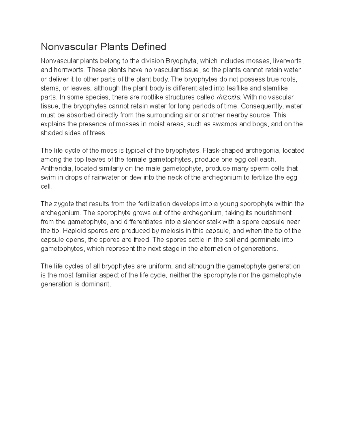 Nonvascular Plants Defined Nonvascular Plants Defined Nonvascular