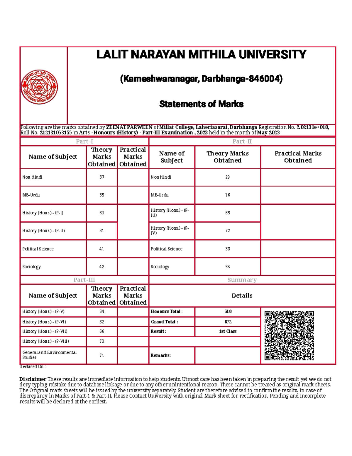 Ishteyaque part 3 Marksheet - LALIT NARAYAN MITHILA UNIVERSITY ...