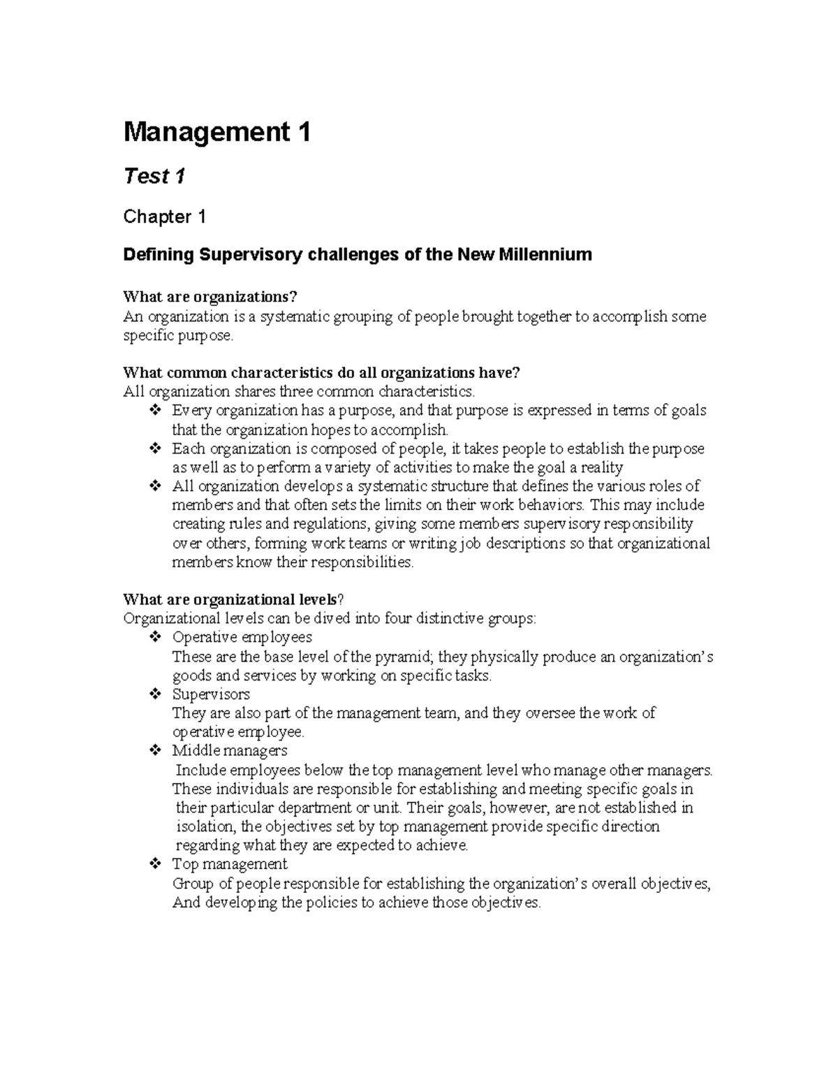 Management 1 - Notes - Management 1 Test 1 Chapter 1 Defining ...