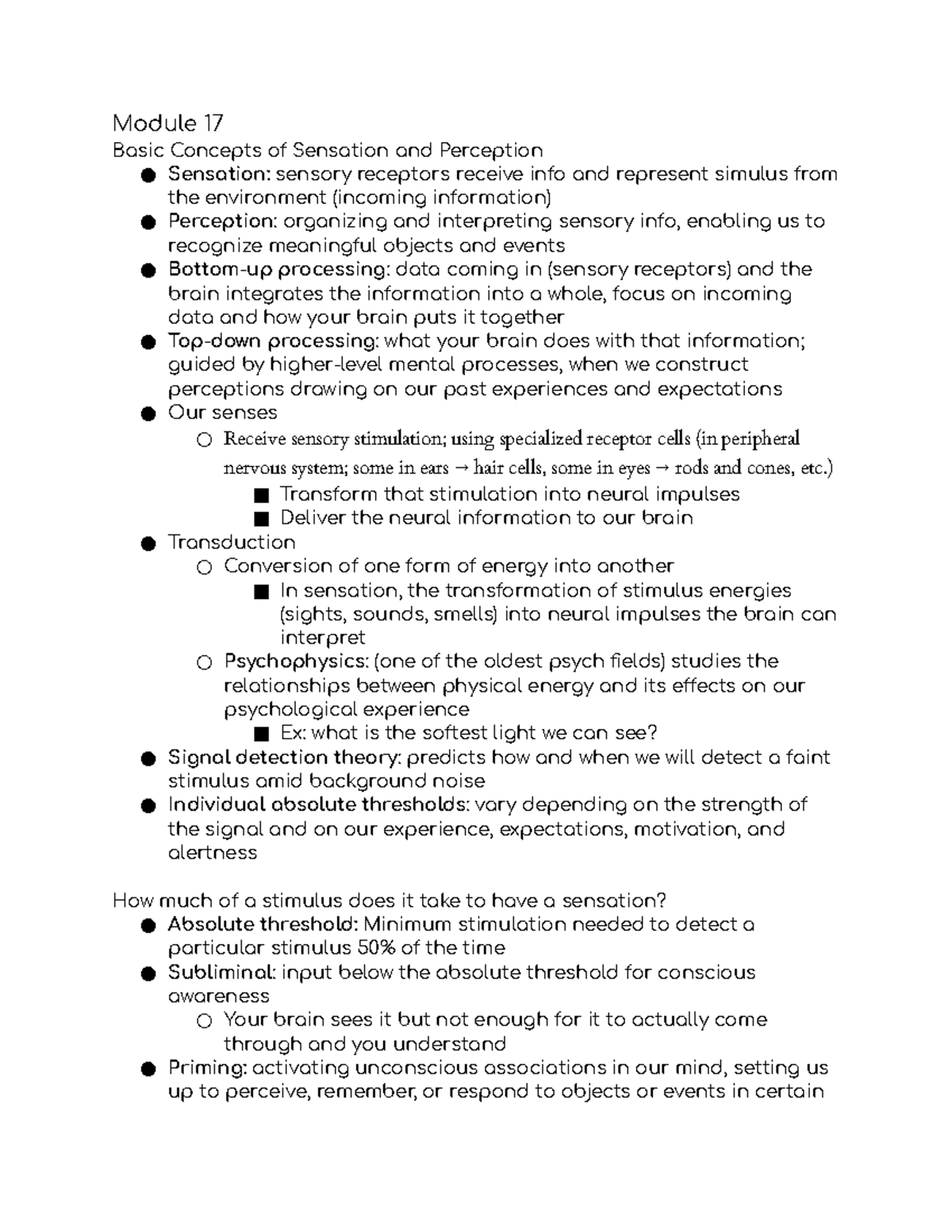 Psy 111 Chapter 6 Notes - Module 17 Basic Concepts Of Sensation And 