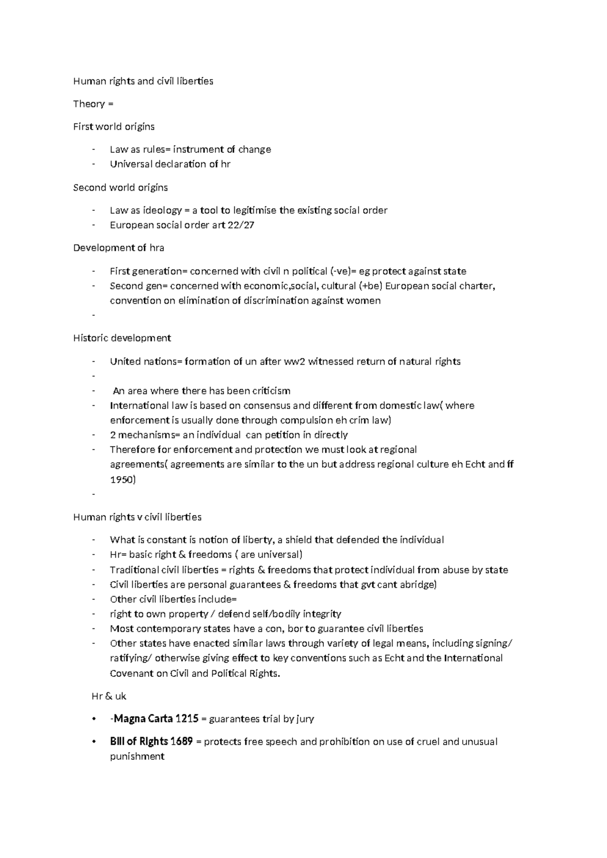 Human rights notes - Human rights and civil liberties Theory = First ...