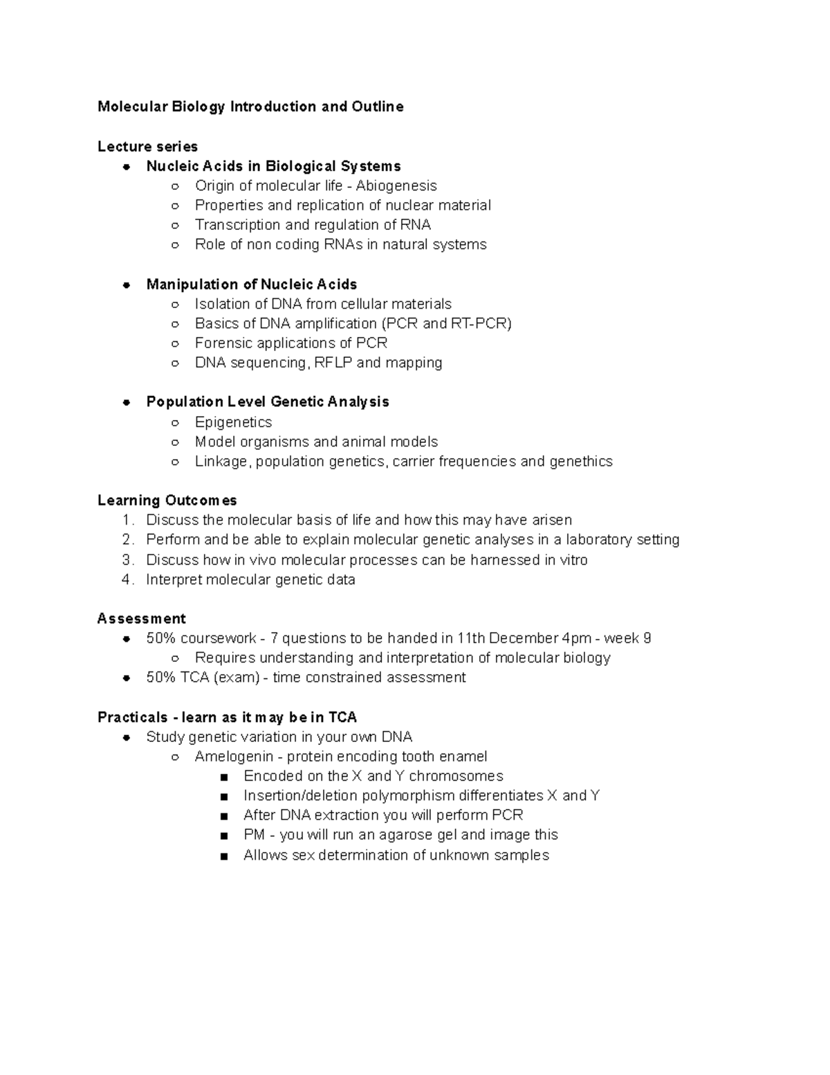 Lecture 1 Molecular Biology Introduction and Outline Molecular