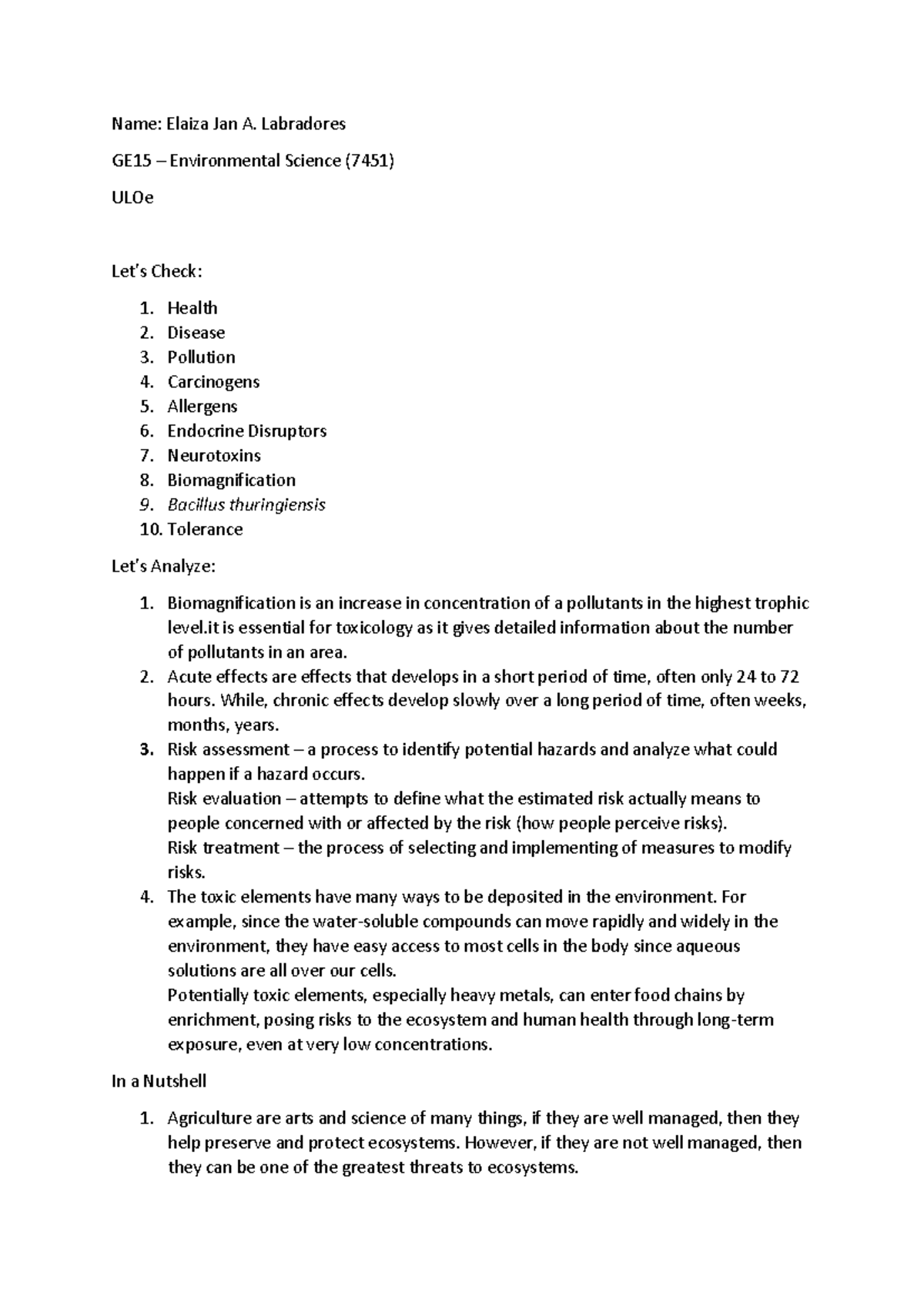 ULOe Answers - study well. - Name: Elaiza Jan A. Labradores GE15 ...