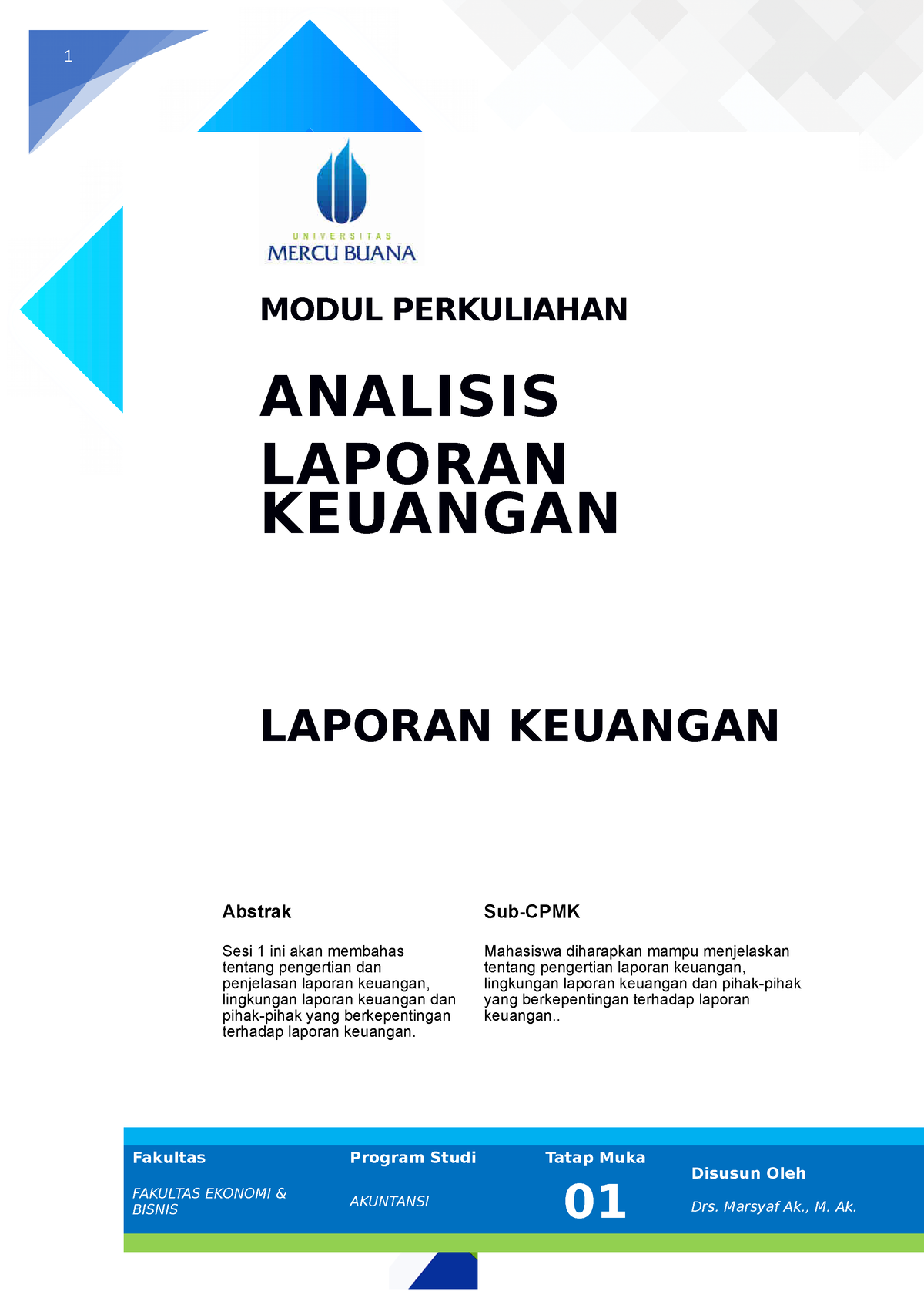 Modul 01. Laporan Keuangan-1 - 1 MODUL PERKULIAHAN ANALISIS LAPORAN ...