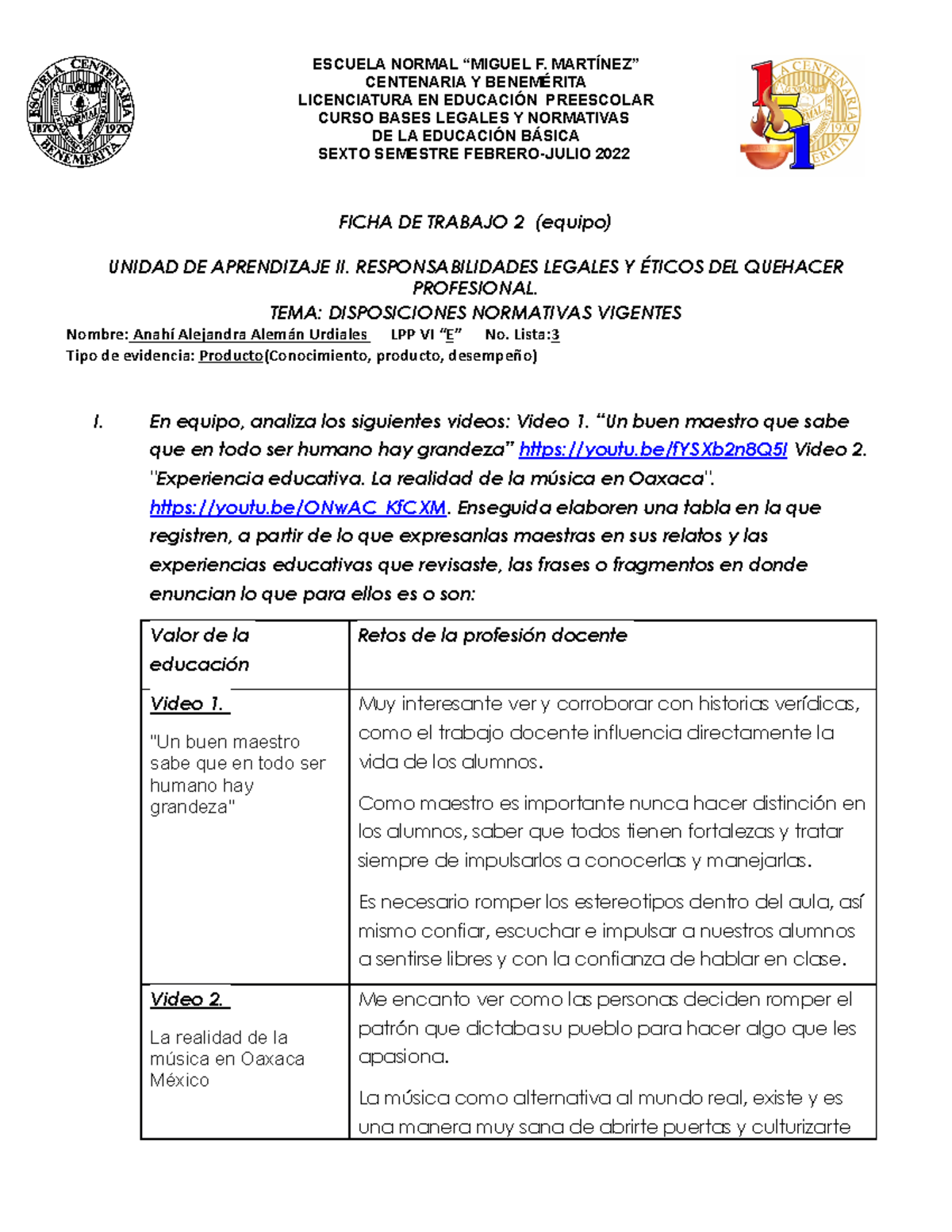 Ficha De Trabajo 2 U2 EspaÑol 5to Escuela Normal “miguel F MartÍnez” Centenaria Y 5973