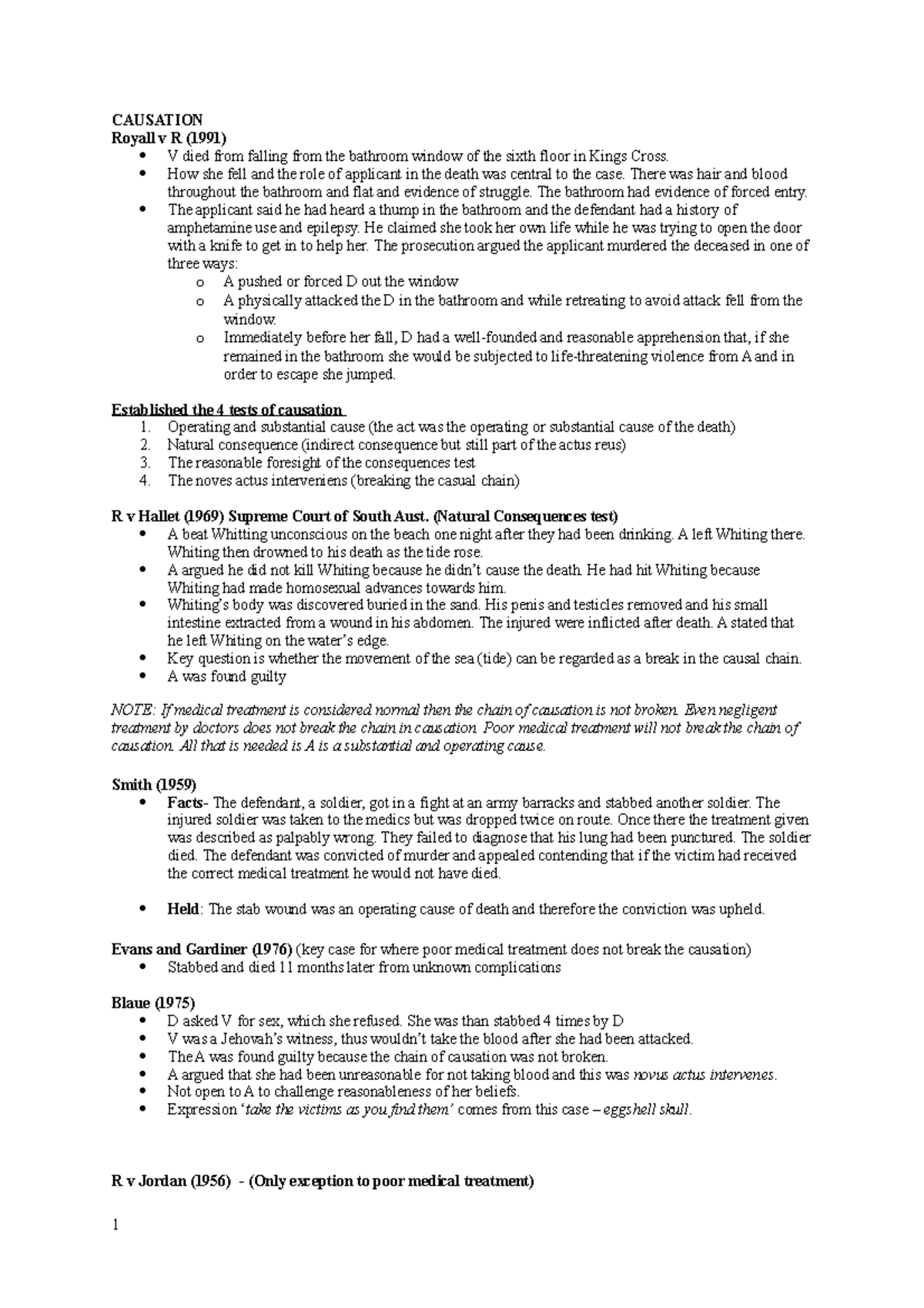 Cases lecture notes CAUSATION Royall v R (1991) V died from falling