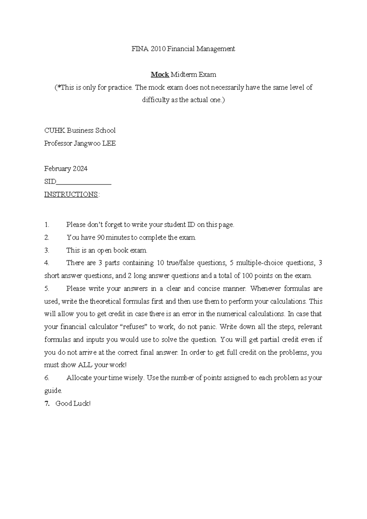 Mock midterm 20240207 - mock paper practice - FINA 2010 Financial ...