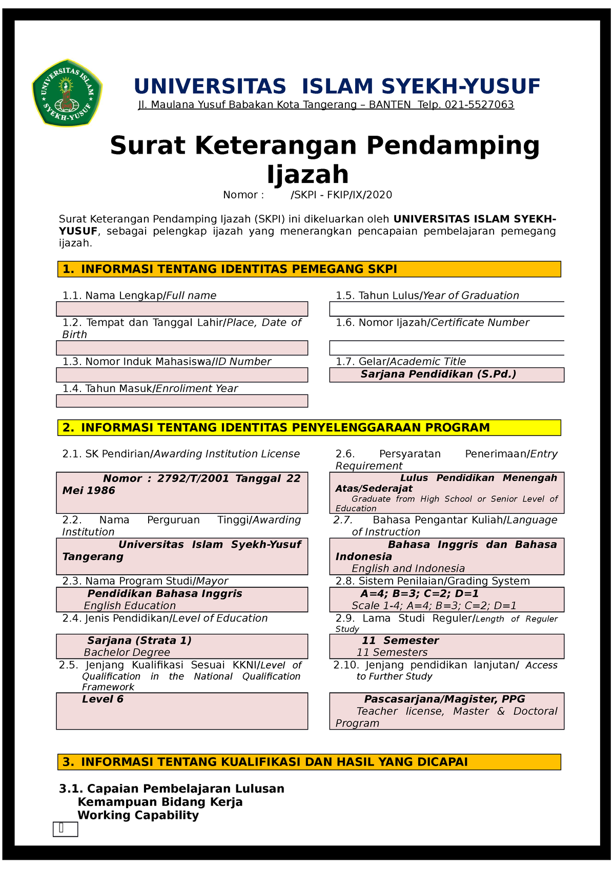 Surat Keterangan Pendamping Ijazah Skpi Universitas Islam Syekh