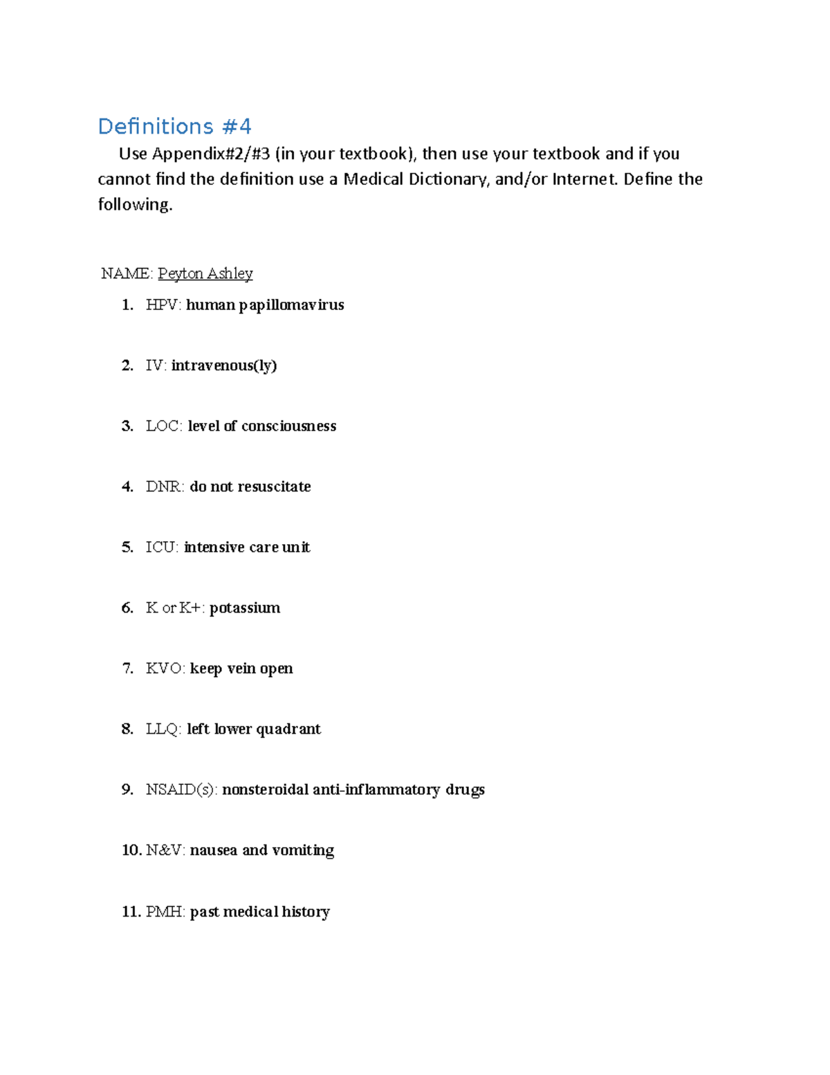 Definitions 4 med - Definitions #4 Use Appendix#2/#3 (in your textbook ...
