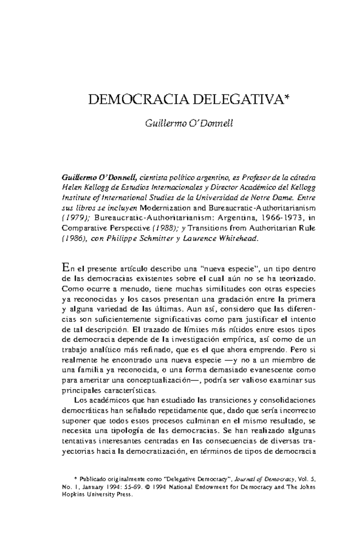 Unidad 4. ODonnell Leido - DEMOCRACIA DELEGATIVA* Guillermo O’Donnell ...