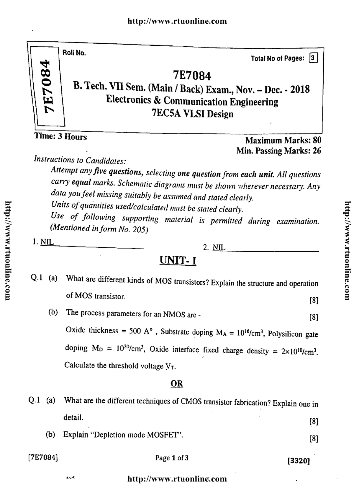 Btech Ec 7 Sem Vlsi Design 7e7084 Dec 2018 - B.tech - Studocu