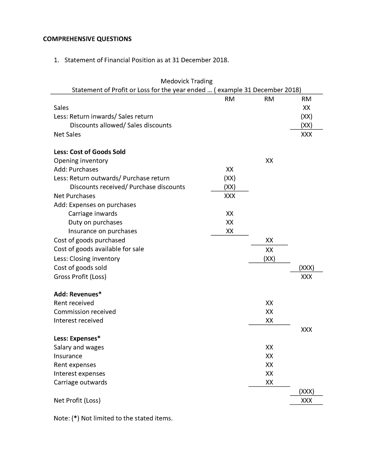 Format of Financial Statements - COMPREHENSIVE QUESTIONS Statement of ...