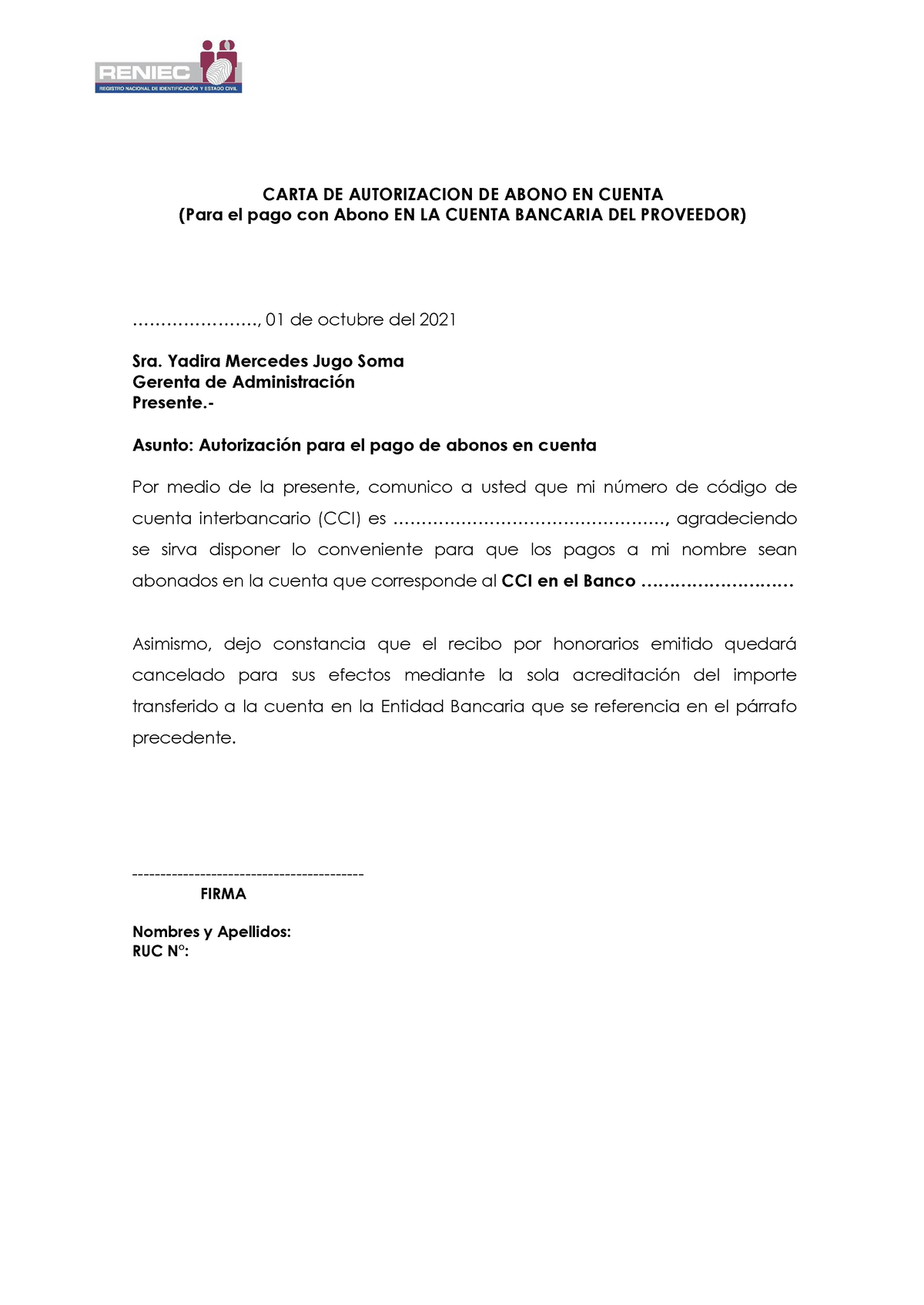 Carta de autorización de abono en cuenta sunat - CARTA DE AUTORIZ ACION ...